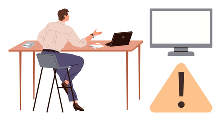 Man seated at desk gesturing while using laptop, blank monitor screen, triangle error alert. Ideal for productivity, IT issues, remote work, tech support, troubleshooting, work challenges simple