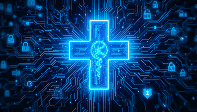 Digital health security concept with glowing cross and circuit board pattern