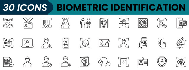 Biometric Identification line Editable Icons set. Vector illustration in modern thin line style of personal data related icons: biometric, barcode, passport, and more.