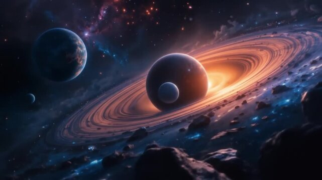 planets rotating in space with the sun and nebula. 4k videos