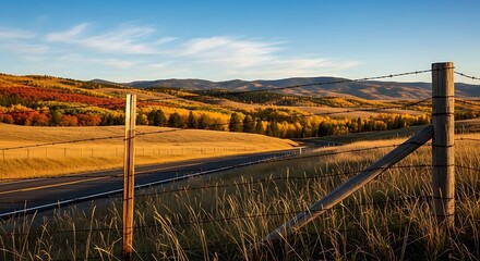 Golden Prairie Landscape with Fence and Distant Hills.