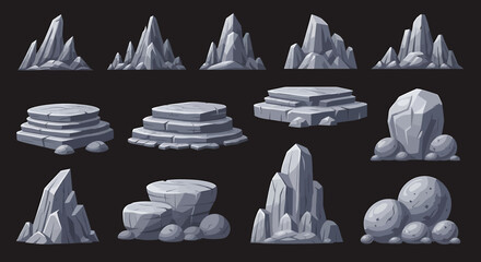 Cartoon rock formations set, including jagged peaks, stepped platforms, and rounded boulders.