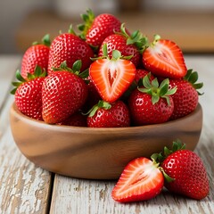 Bowl of Fresh Strawberries on Wooden Table - A Close-Up View.