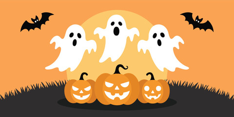 Naklejka premium A Halloween scene with three ghosts three pumpkins and two bats on an orange background