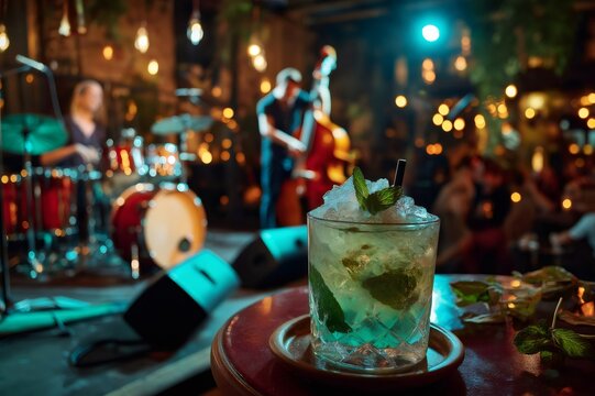 Refreshing mojito cocktail on bar counter with live jazz music - Powered by Adobe