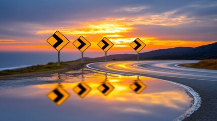 Captivating coastal highway curves under a dramatic sunset sky with reflections in a wet road guiding toward adventure