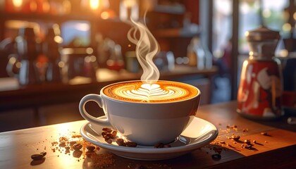 Aromatic Coffee Delight - Steaming Cup in Cozy Cafe Setting.