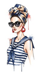 Watercolor Fashion Illustration - Woman in Striped Top and Headscarf.