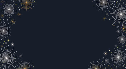 Elegant festive background with a decorative frame of gold and silver fireworks or starbursts.