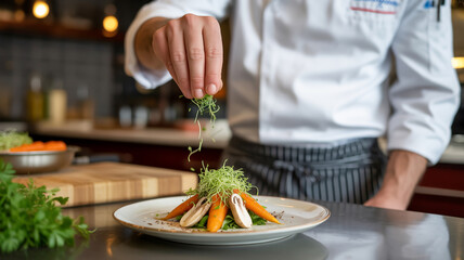 Chef garnishing a dish of roasted carrots with fresh microgreens in kitchen