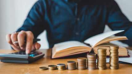 Man calculating financial growth with calculator and coins on wooden table