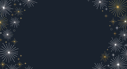 Elegant dark blue background with white and gold starburst or fireworks patterns framing the edges, perfect for celebrations.