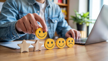 Customer experience concept with smiley face and star rating on wooden table