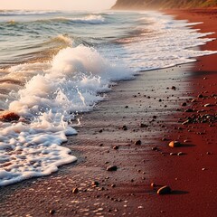 Crimson Shores - Waves Embrace the Red Sand Beach at Sunset.