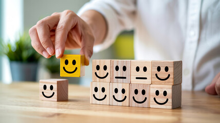 Hand placing a smiling face block on top of other blocks with faces