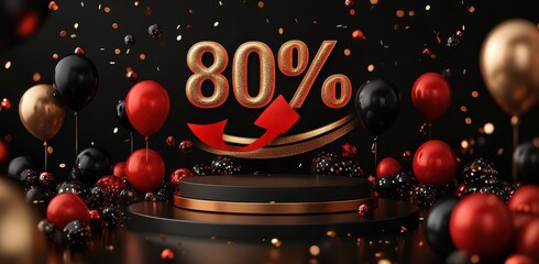 Festive design with 80% discount text and balloons on podium