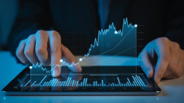 Person analyzing a stock market chart on a tablet for financial analysis