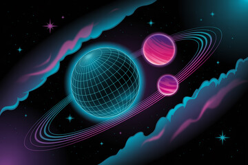 A digital illustration of planets and stars in a colorful space scene