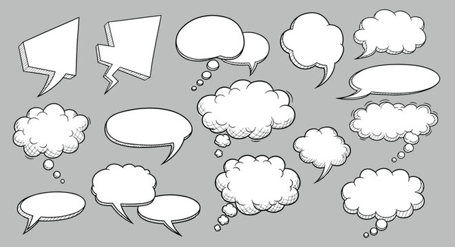 A collection of various hand drawn speech bubbles and thought clouds in different shapes and sizes.