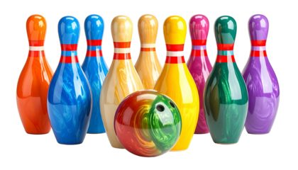 Colorful bowling pins & marbled ball