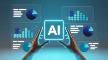Hands holding ai cube with data charts and graphs in background