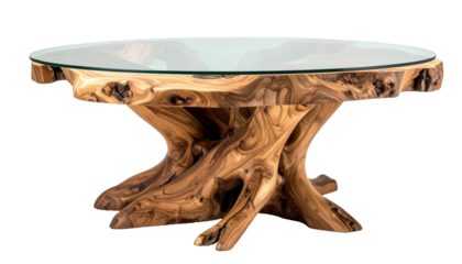 Glass-topped table with wood trunk base