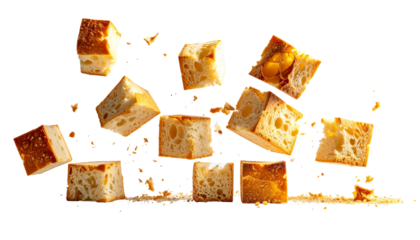 Flying toasted cube shaped croutons