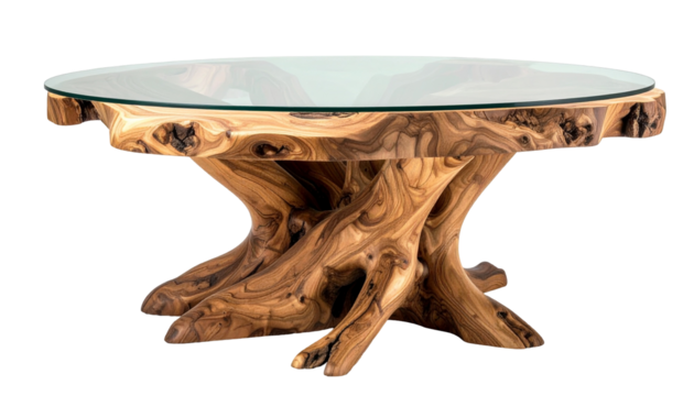 Glass-topped table with wood trunk base