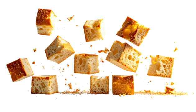 Flying toasted cube shaped croutons