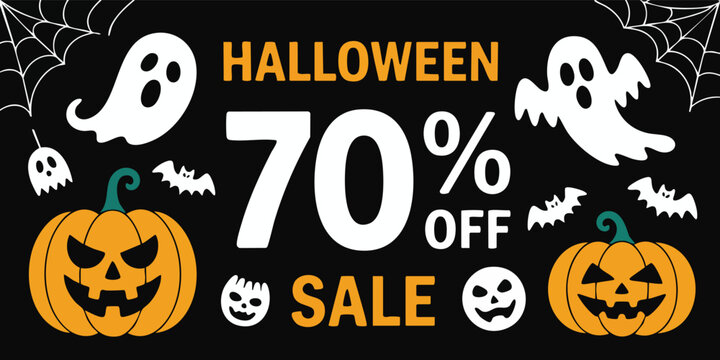 Halloween sale banner with 70 off text ghosts bats spiderwebs and jackolanterns on a black background