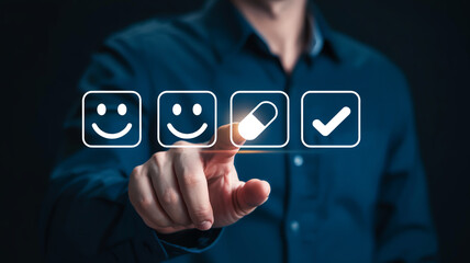 Man touching virtual checkmarks and pill icon on a screen interface