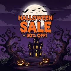 Spooky Halloween Sale with 50% Off for a Limited Time, Featuring Haunted House, Bats, and Jack O'Lanterns Under a Full Moon for Holiday Promotions