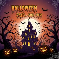 Spooky Halloween sale with haunted house, bats, pumpkins and a full moon promising frightful fun and savings of 50% off for a limited time only