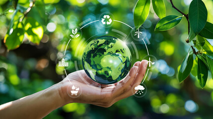 Hand holding globe with green leaves, representing environmental sustainability