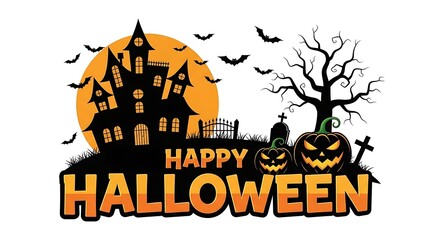 Spooky Happy Halloween design element with bats, pumpkins, haunted house for seasonal promotions and party invitations, perfect for fun fall marketing