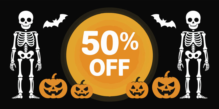 Halloween sale graphic skeletons pumpkins bats and 50 OFF against a black background with an orange layered circle