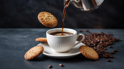 Pouring coffee into a cup with cookies and coffee beans on the table