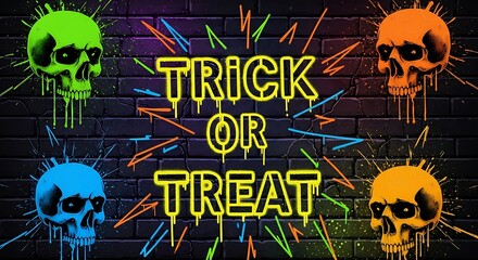 Vibrant trick or treat Halloween skulls against a dark brick wall for spooky seasonal fun and eye-catching designs to celebrate the haunting holiday