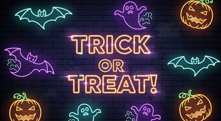 Spooky season is here with this fun glowing neon art featuring bats, pumpkins, and ghosts wishing you a vibrant and happy Halloween party!