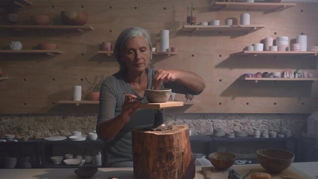 Senior female artisan shaping a clay bowl with care in a rustic pottery studio. Concept of craftsmanship, creativity, and handmade ceramic art. Warm natural lighting highlighting texture and artistic 