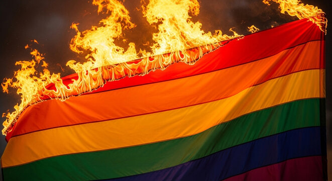 A rainbow flag ablaze with flames consuming the fabric against a dark and smoky background scene view