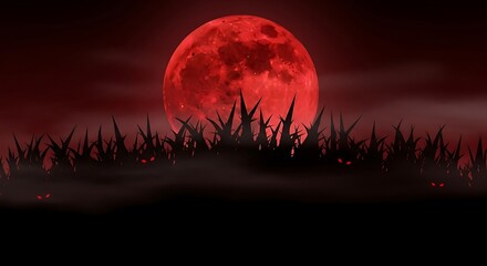 Eerie blood moon rising over shadowy field with glowing eyes, perfect for Halloween promotions or dark fantasy projects bringing thrilling suspense
