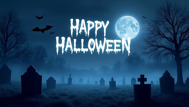Foggy graveyard under full moon, bats flying, tombstones glowing, “Happy Halloween” in ghostly white letters. - Powered by Adobe