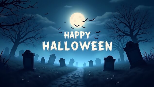 Foggy graveyard under full moon, bats flying, tombstones glowing, “Happy Halloween” in ghostly white letters.