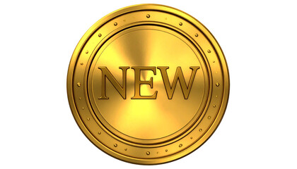 Shiny, golden "NEW" embossed on disk