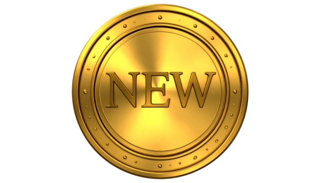 Shiny, golden "NEW" embossed on disk