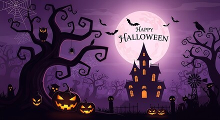 Spooky Halloween night with glowing jack-o-lanterns, bats, and haunted house under full moon makes a fun, festive, and eerie holiday backdrop