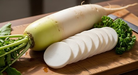 Fresh Daikon Radish - Sliced and Whole on Wooden Board.