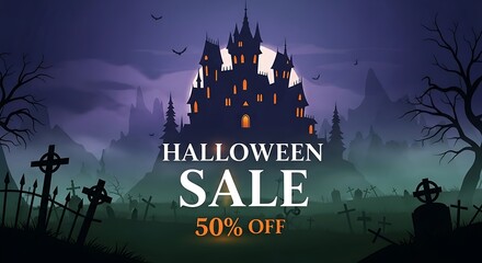 Spooky Halloween Sale with Haunted Castle and Graveyard Background for Halloween Promotions and Marketing Campaigns Offering 50% Off Event Tickets