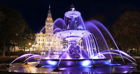 Quebec City Parliament illuminated at night with The Fontaine de Tourny on the foreground, Canada